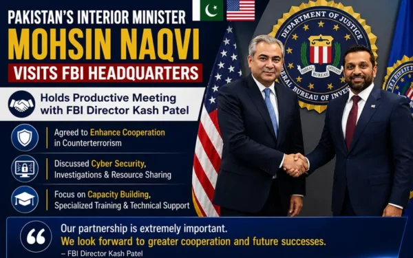 Interior Minister Mohsin Naqvi Discusses Security Cooperation at FBI Headquarters