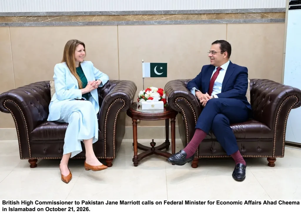 Federal Minister for Economic Affairs Ahad Cheema and British High Commissioner Jane Marriott discussing economic reforms in Islamabad.
