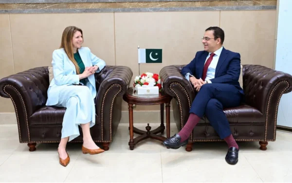 Federal Minister for Economic Affairs Ahad Cheema and British High Commissioner Jane Marriott discussing economic reforms in Islamabad.