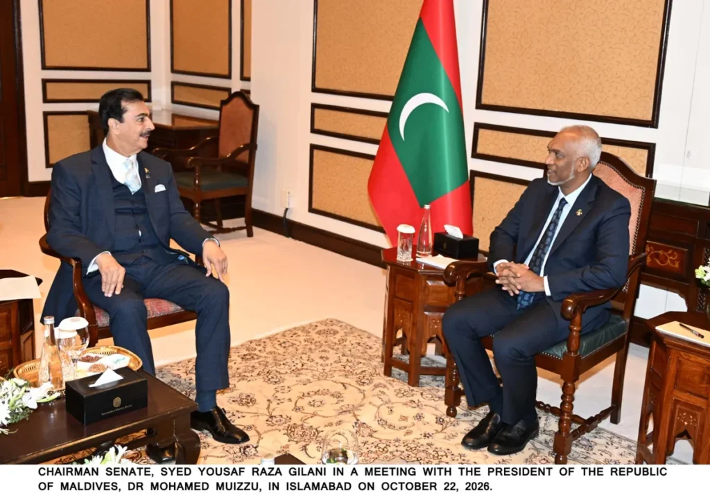 Senate Chairman Syed Yousuf Raza Gilani welcoming Maldivian President Dr Mohamed Muizzu during their meeting in Islamabad.
