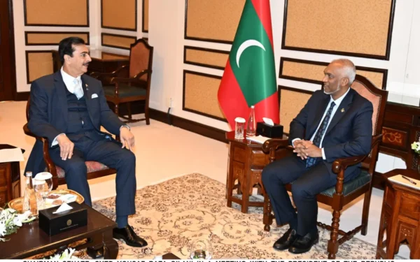 Senate Chairman Syed Yousuf Raza Gilani welcoming Maldivian President Dr Mohamed Muizzu during their meeting in Islamabad.
