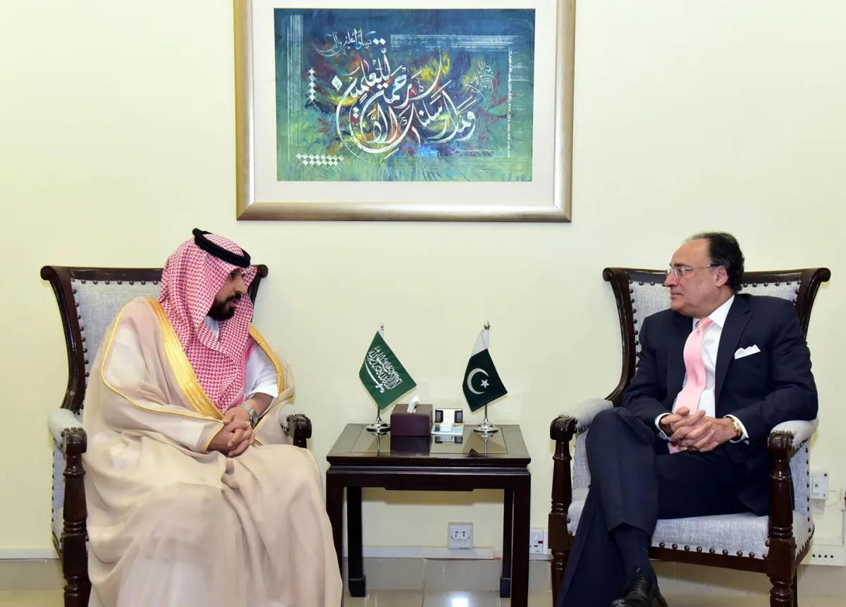 Finance Minister Muhammad Aurangzeb and Saudi Ambassador Dr. Rajeh Tami Albugamy during a meeting on bilateral economic cooperation. (Image 2)