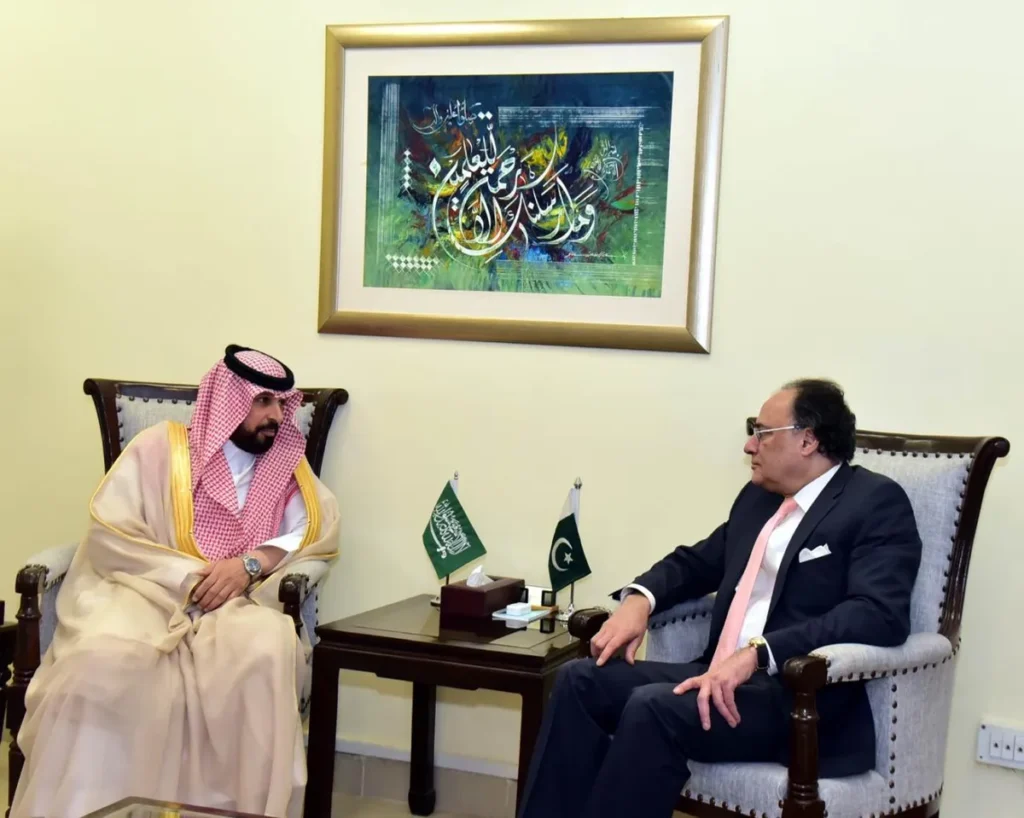 Finance Minister Muhammad Aurangzeb and Saudi Ambassador Dr. Rajeh Tami Albugamy during a meeting on bilateral economic cooperation. (Image 1)